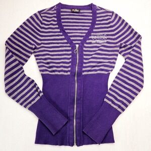 Guess Women's Purple Gray Striped‎ Sweater Small Rhinestones Zip Front Y2K Vtg
